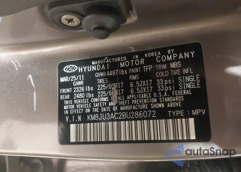 2011 Hyundai Tucson Gls from USA, damaged, VIN KM8JU3AC2BU286072